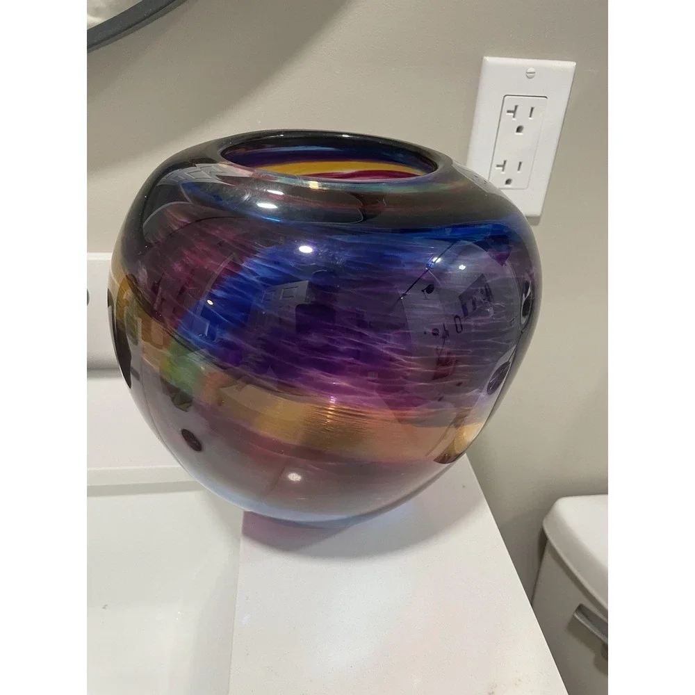 Stephen R. Nelson Signed Hand Blown Studio Art Glass Vase Multicolor Ribbon 8.5